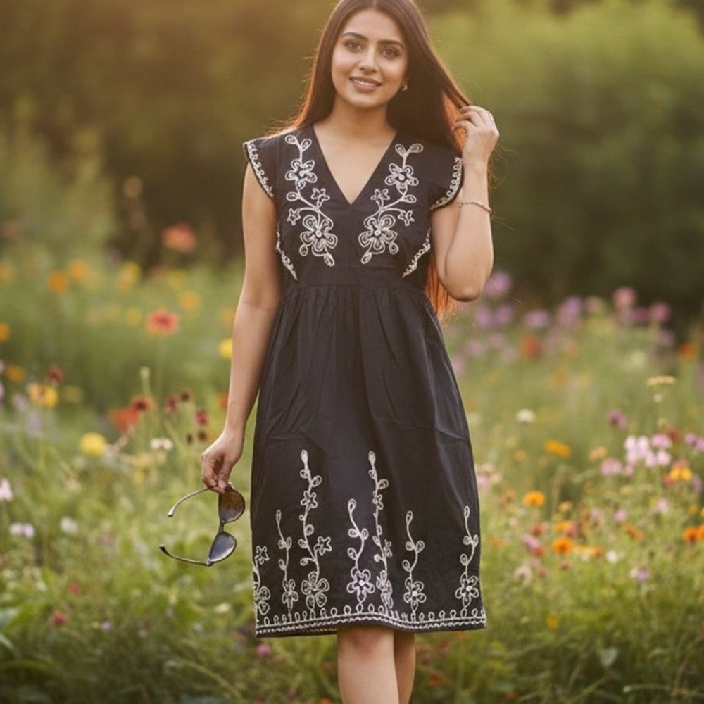 Zara Embroidered Sleeveless Midi Dress Black Floral Size M